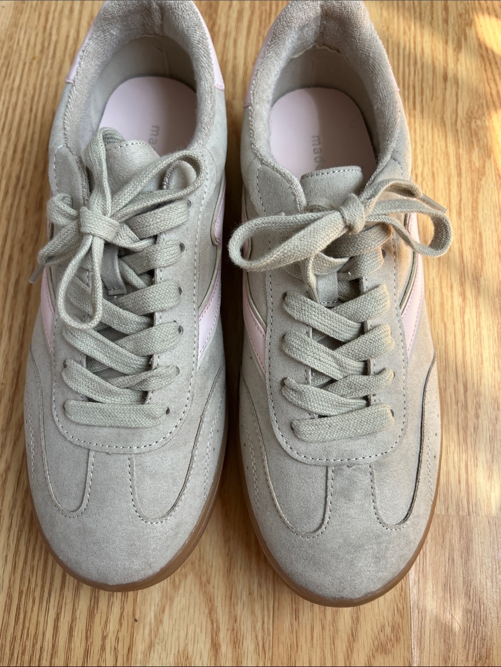 Madden Girl Suede Sneakers in Taupe with Pink Stripe